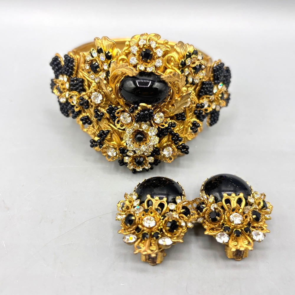 Vtg M&M Designs Gold‎ Tone Black Crystal Beaded Floral Bangle Bracelet Earring